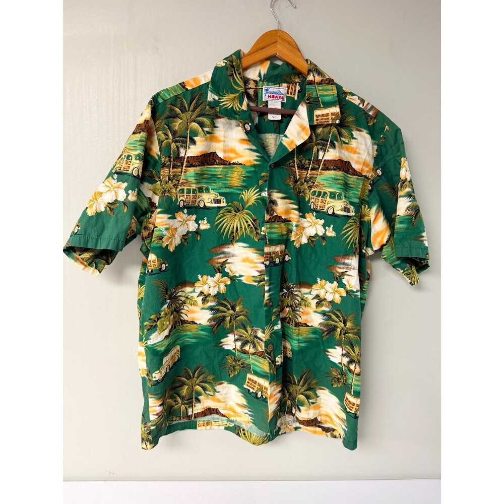 Hawaii Men's XL Green Classic Car Palm Tree Aloha Shirt Made in Hawaii